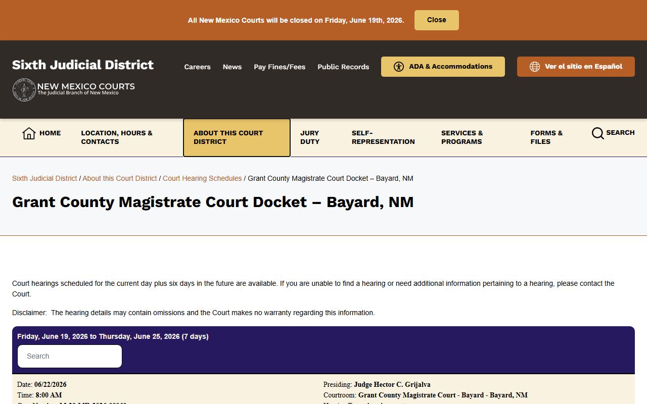Grant County court dockets Magistrate Court Bayard schedule