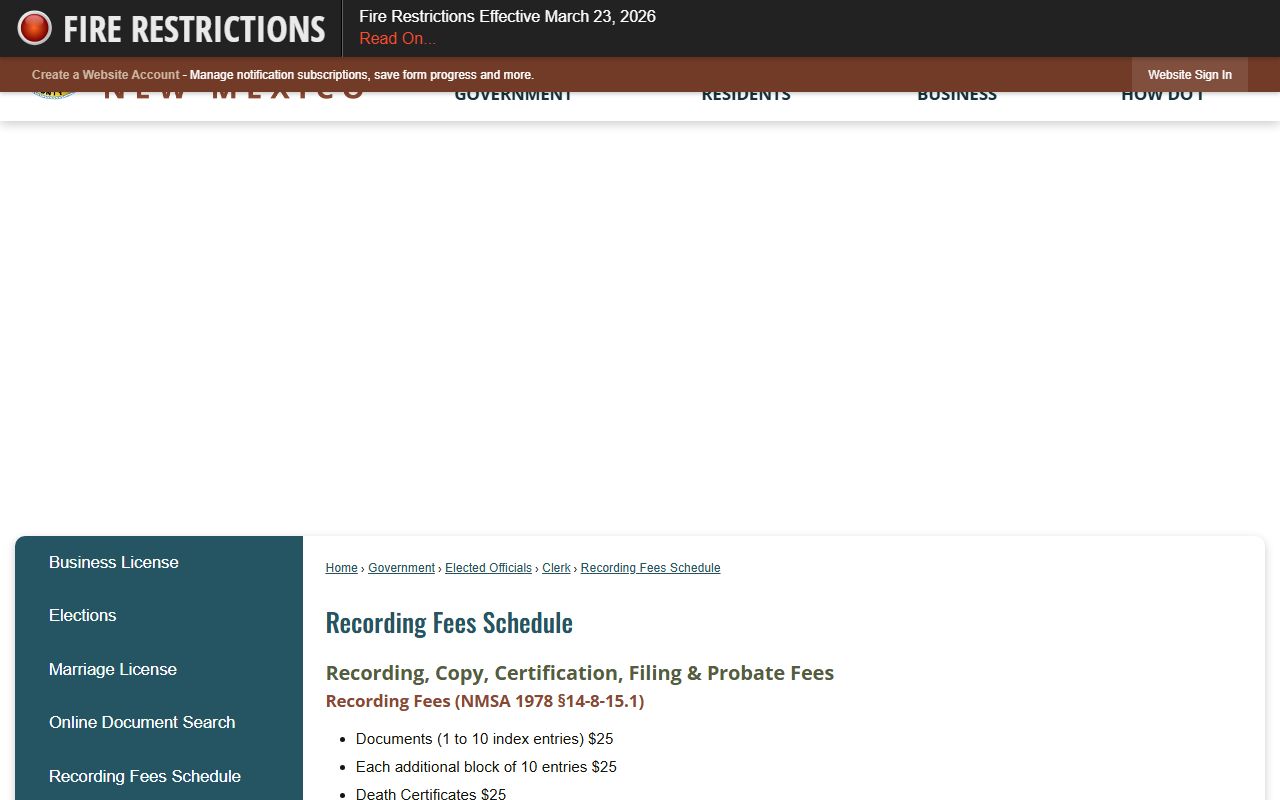 Grant County marriage and divorce records recording fee schedule